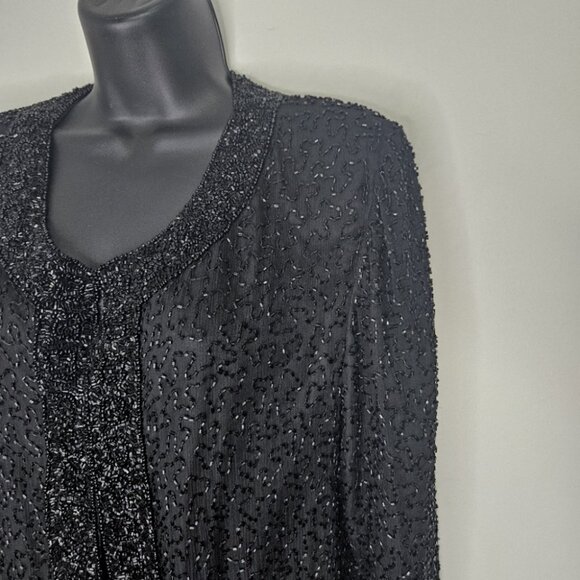 VTG 80s 90s FREESHA Beaded Sequins Duster Jacket M Black Holiday Party - Picture 2 of 5
